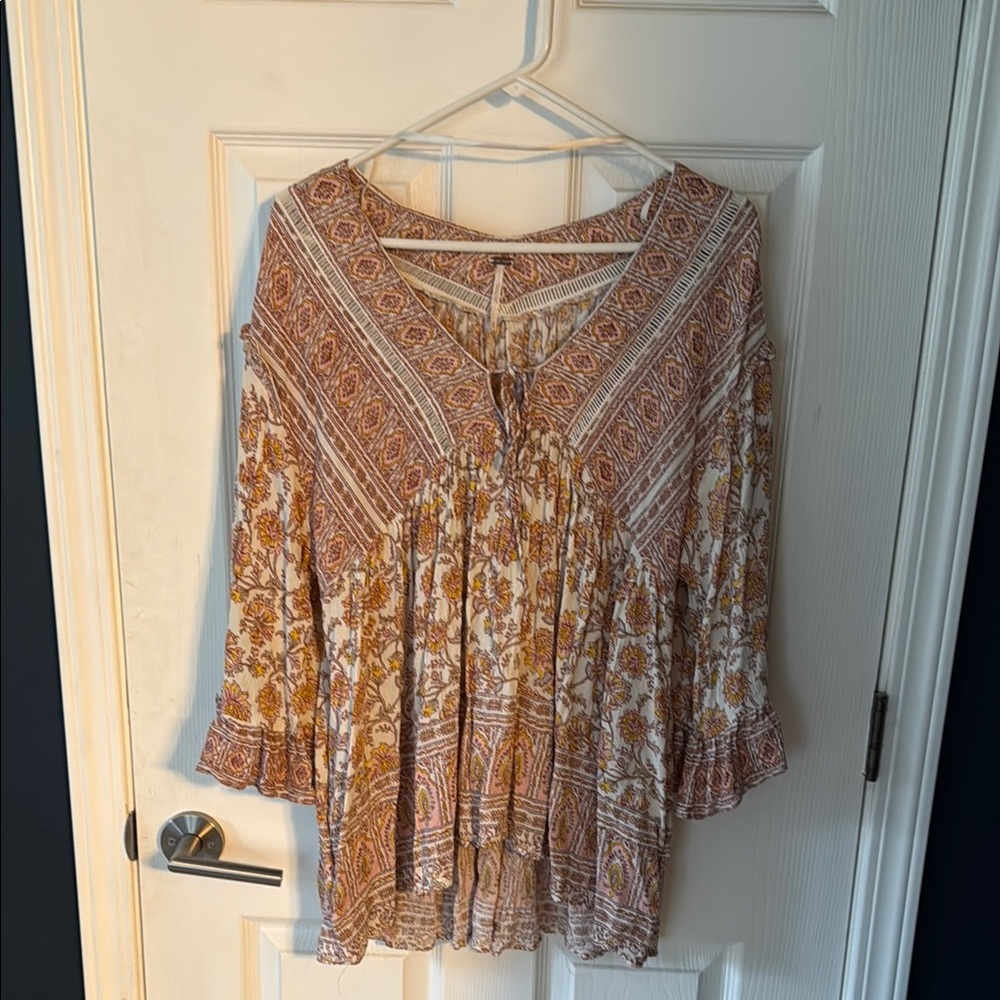 Free People Cream and Tan Bell Sleeve Blouse